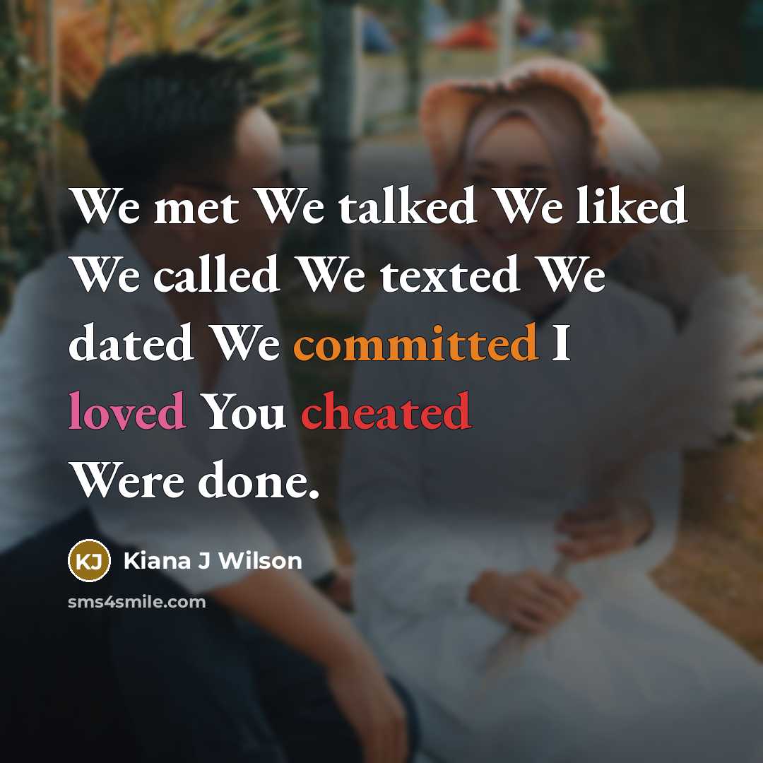 “We met We talked We liked We called We texted We dated We committed I loved You cheated Were done.” quote by Kiana J Wilson