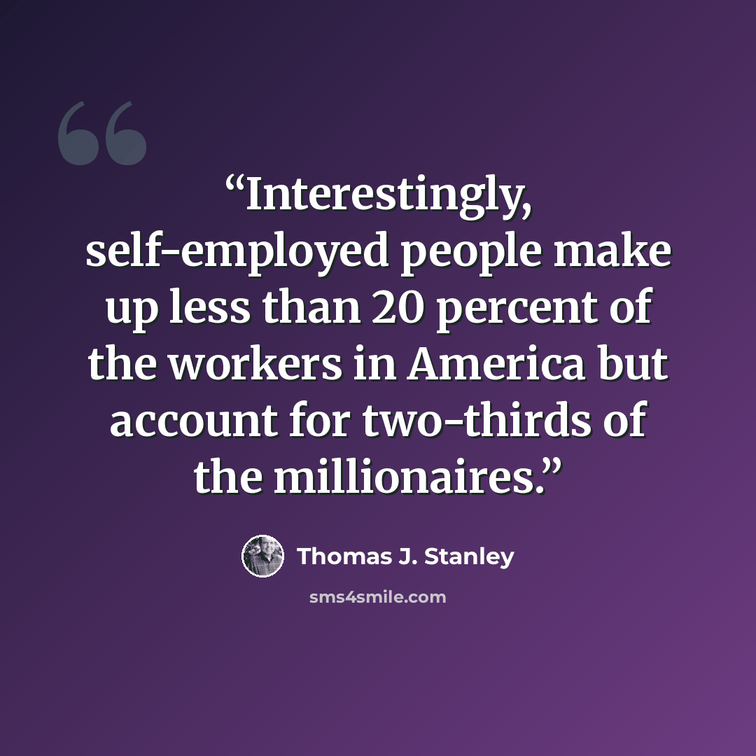 “Interestingly, self-employed people make up less than 20 percent of the workers in America but account for two-thirds of the millionaires.” quote by Thomas J. Stanley