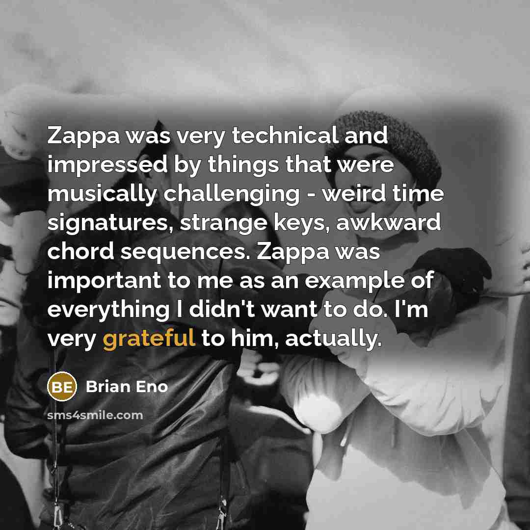 “Zappa was very technical and impressed by things that were musically challenging - weird time signatures, strange keys, awkward chord sequences. Zappa was important to me as an example of everything I didn't want to do. I'm very grateful to him, actually.” quote by Brian Eno