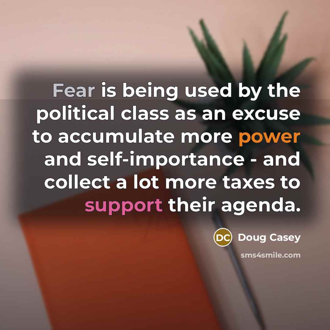 “Fear is being used by the political class as an excuse to accumulate more power and self-importance - and collect a lot more taxes to support their agenda.” quote by Doug Casey