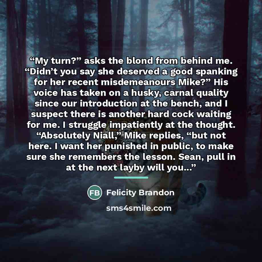 “My turn?” asks the blond from behind me. “Didn’t you say she deserved a good spanking for her recent misdemeanours Mike?” His voice has taken on a husky, carnal quality since our introduction at the bench, and I suspect there is another hard cock waiting for me. I struggle impatiently at the…” quote by Felicity Brandon
