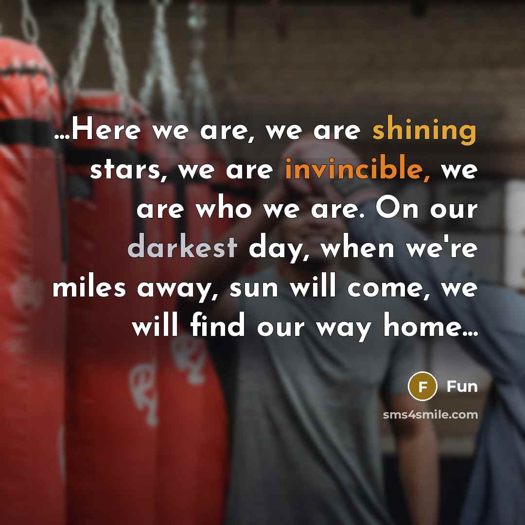 “...Here we are, we are shining stars, we are invincible, we are who we are. On our darkest day, when we're miles away, sun will come, we will find our way home...” quote by Fun