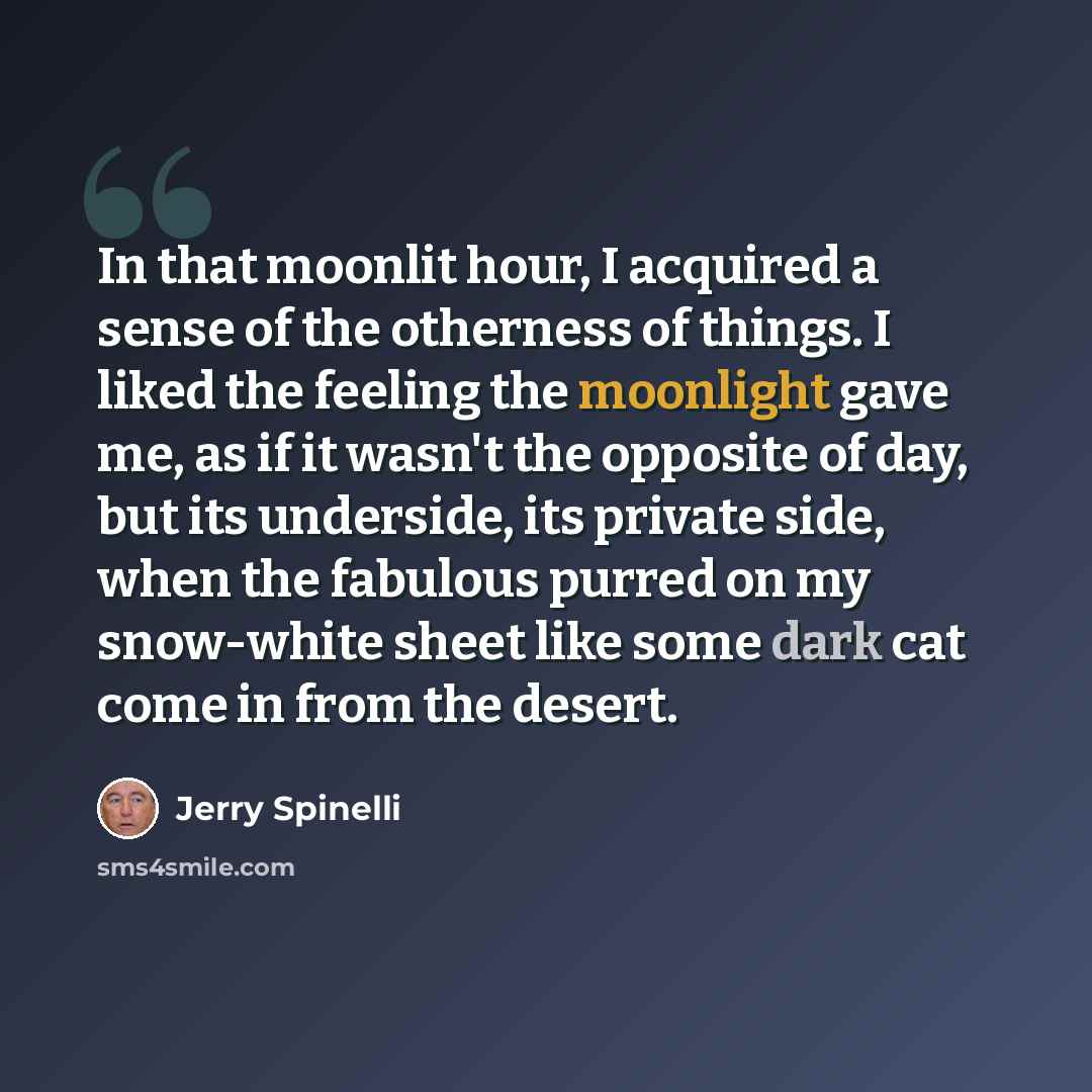 “In that moonlit hour, I acquired a sense of the otherness of things. I liked the feeling the moonlight gave me, as if it wasn't the opposite of day, but its underside, its private side, when the fabulous purred on my snow-white sheet like some dark cat come in from the desert.” quote by Jerry Spinelli