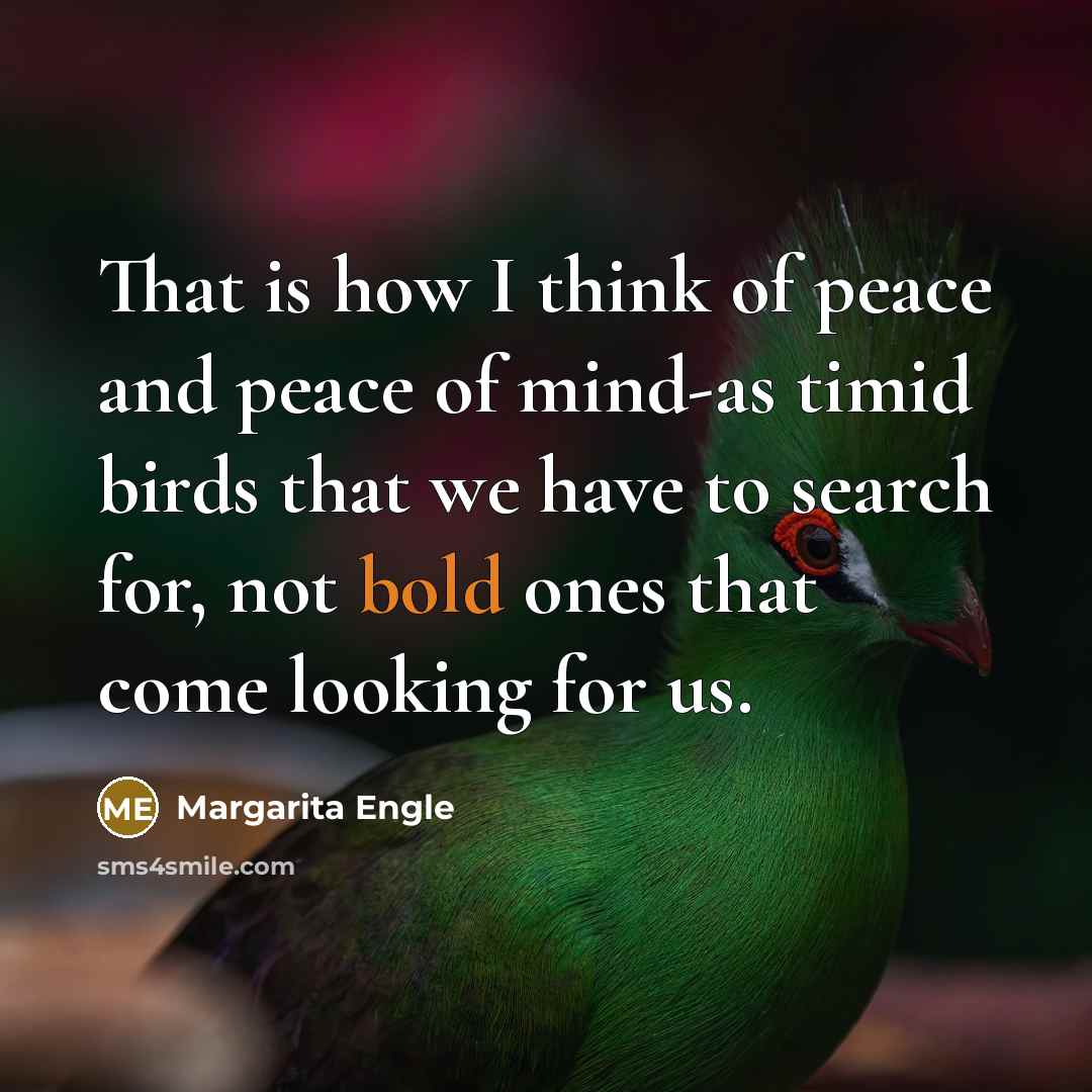 “That is how I think of peace and peace of mind-as timid birds that we have to search for, not bold ones that come looking for us.” quote by Margarita Engle