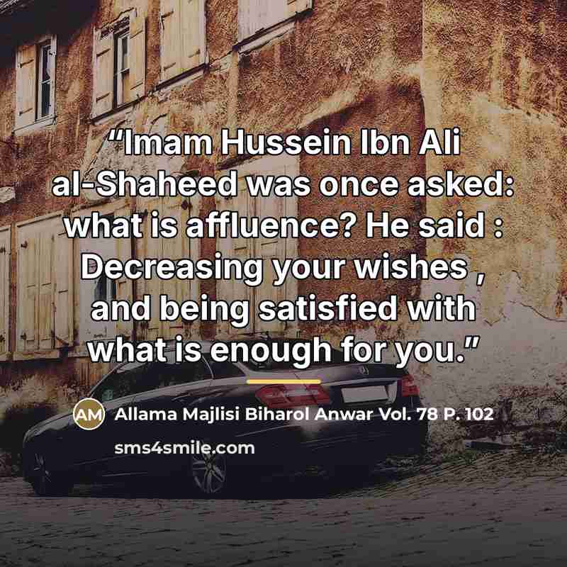 “Imam Hussein Ibn Ali al-Shaheed was once asked: what is affluence? He said : Decreasing your wishes , and being satisfied with what is enough for you.” quote by Anonymous