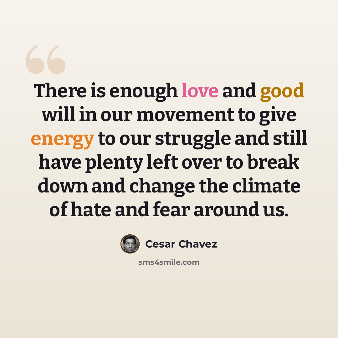 “There is enough love and good will in our movement to give energy to our struggle and still have plenty left over to break down and change the climate of hate and fear around us.” quote by Cesar Chavez