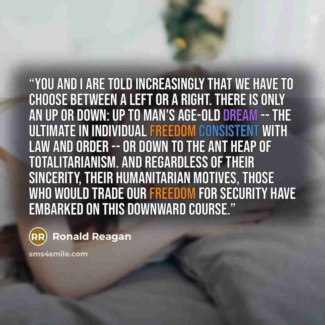 “You and I are told increasingly that we have to choose between a left or a right. There is only an up or down: up to man's age-old dream -- the ultimate in individual freedom consistent with law and order -- or down to the ant heap of totalitarianism. And regardless of their sincerity, their…” quote by Ronald Reagan