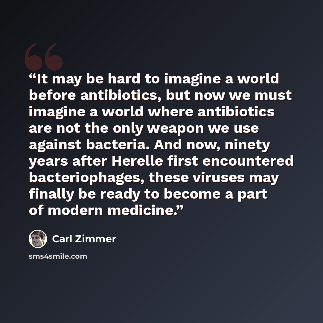 “It may be hard to imagine a world before antibiotics, but now we must imagine a world where antibiotics are not the only weapon we use against bacteria. And now, ninety years after Herelle first encountered bacteriophages, these viruses may finally be ready to become a part of modern medicine.” quote by Carl Zimmer