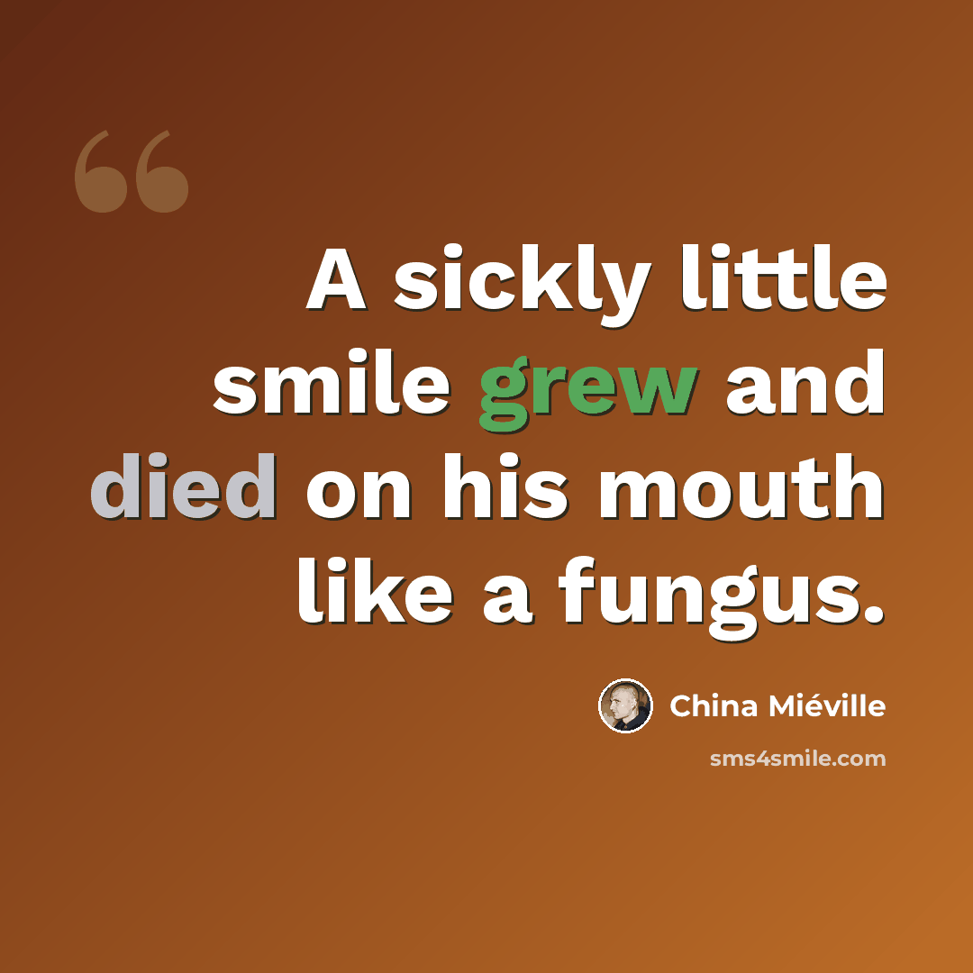 “A sickly little smile grew and died on his mouth like a fungus.” quote by China Mieville