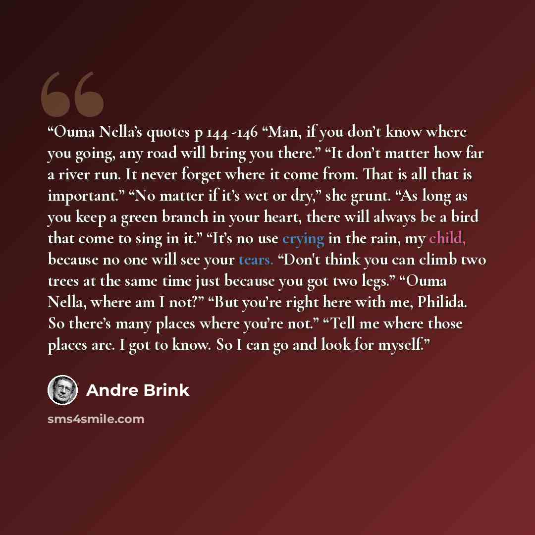 “Ouma Nella’s quotes p 144 -146 “Man, if you don’t know where you going, any road will bring you there.” “It don’t matter how far a river run. It never forget where it come from. That is all that is important.” “No matter if it’s wet or dry,” she grunt. “As long as you keep a green branch in your…” quote by andre brink