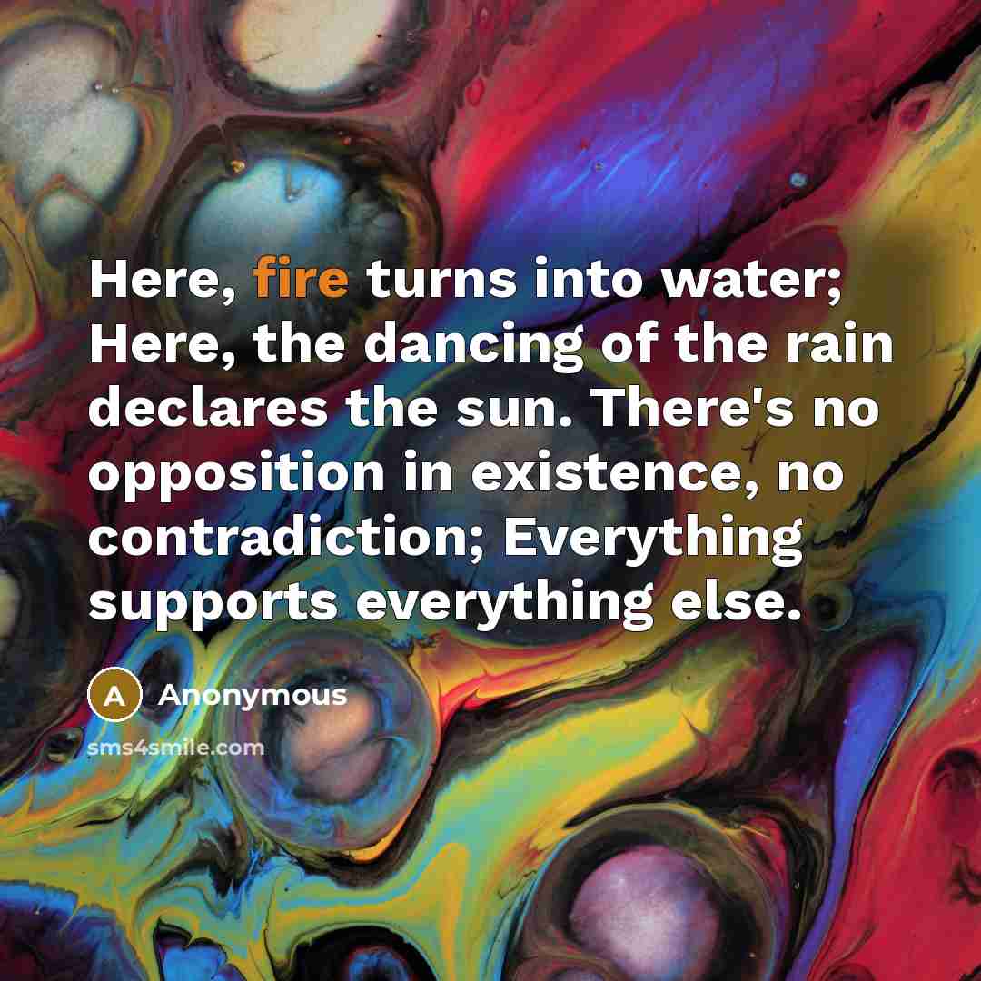 “Here, fire turns into water; Here, the dancing of the rain declares the sun. There's no opposition in existence, no contradiction; Everything supports everything else.” quote by Anonymous