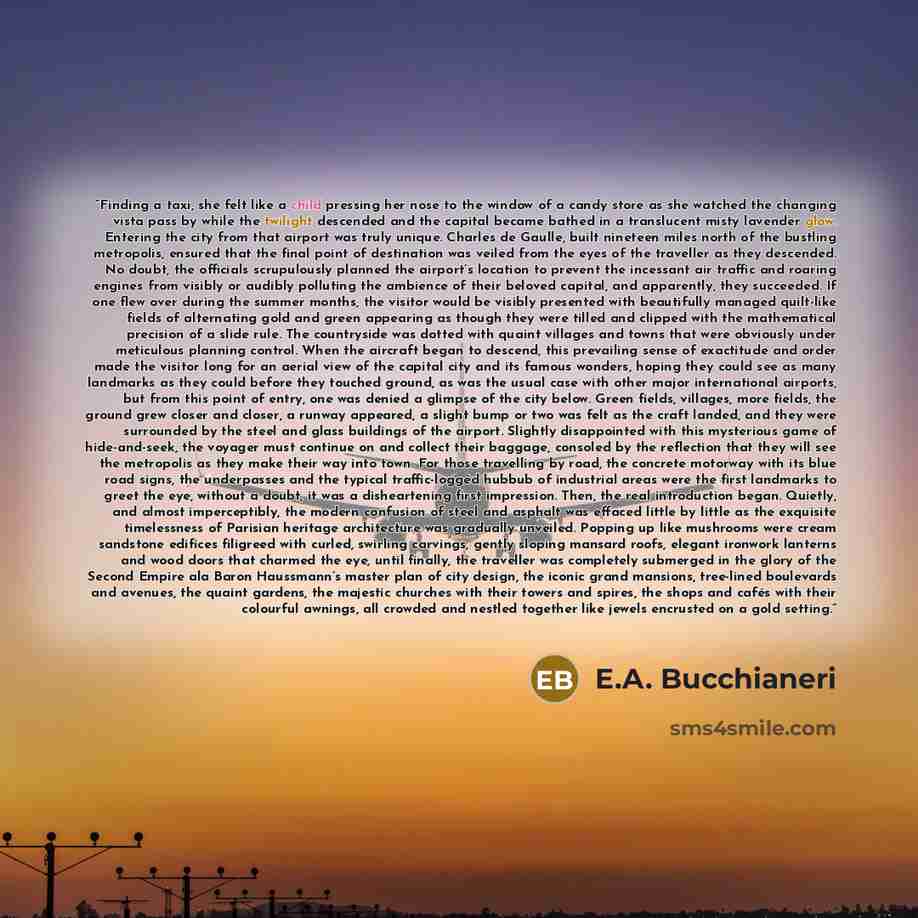 “Finding a taxi, she felt like a child pressing her nose to the window of a candy store as she watched the changing vista pass by while the twilight descended and the capital became bathed in a translucent misty lavender glow. Entering the city from that airport was truly unique. Charles de Gaulle…” quote by E.A. Bucchianeri