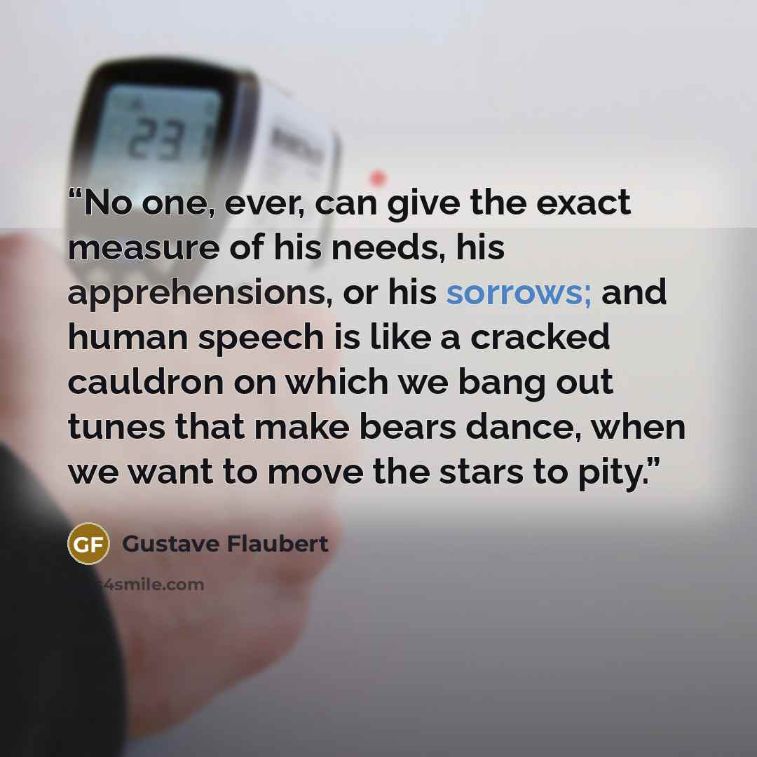 “No one, ever, can give the exact measure of his needs, his apprehensions, or his sorrows; and human speech is like a cracked cauldron on which we bang out tunes that make bears dance, when we want to move the stars to pity.” quote by Gustave Flaubert