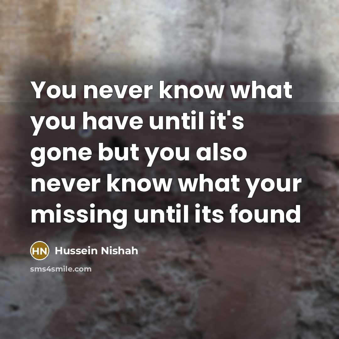 “You never know what you have until it's gone but you also never know what your missing until its found” quote by Hussein Nishah