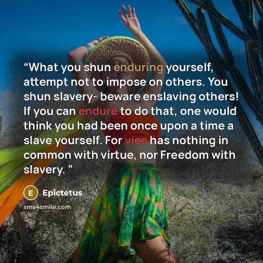 “What you shun enduring yourself, attempt not to impose on others. You shun slavery- beware enslaving others! If you can endure to do that, one would think you had been once upon a time a slave yourself. For vice has nothing in common with virtue, nor Freedom with slavery.” quote by Epictetus