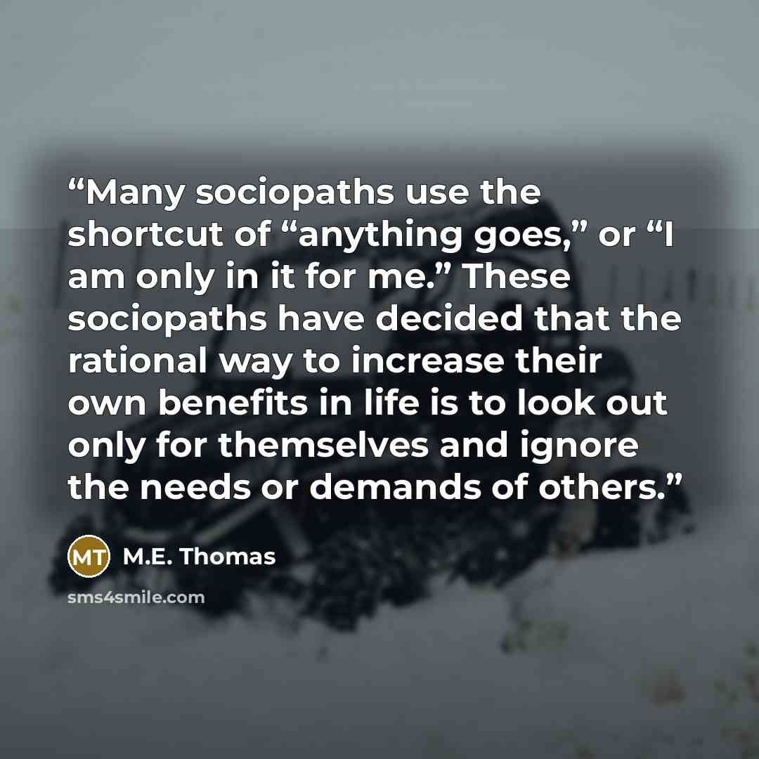 “Many sociopaths use the shortcut of “anything goes,” or “I am only in it for me.” These sociopaths have decided that the rational way to increase their own benefits in life is to look out only for themselves and ignore the needs or demands of others.” quote by M.E. Thomas