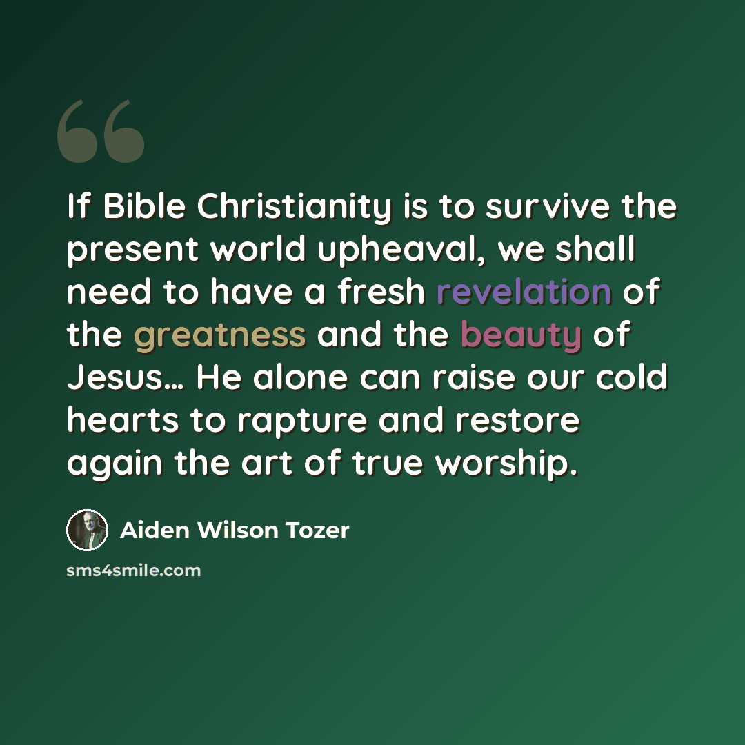 “If Bible Christianity is to survive the present world upheaval, we shall need to have a fresh revelation of the greatness and the beauty of Jesus… He alone can raise our cold hearts to rapture and restore again the art of true worship.” quote by Aiden Wilson Tozer