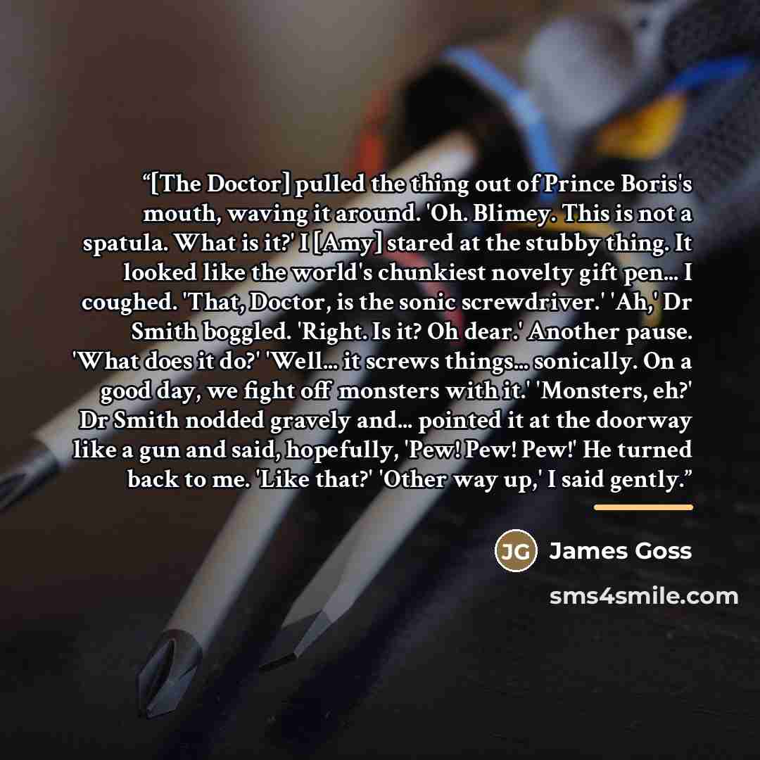 “[The Doctor] pulled the thing out of Prince Boris's mouth, waving it around. 'Oh. Blimey. This is not a spatula. What is it?' I [Amy] stared at the stubby thing. It looked like the world's chunkiest novelty gift pen... I coughed. 'That, Doctor, is the sonic screwdriver.' 'Ah,' Dr Smith boggled…” quote by James Goss