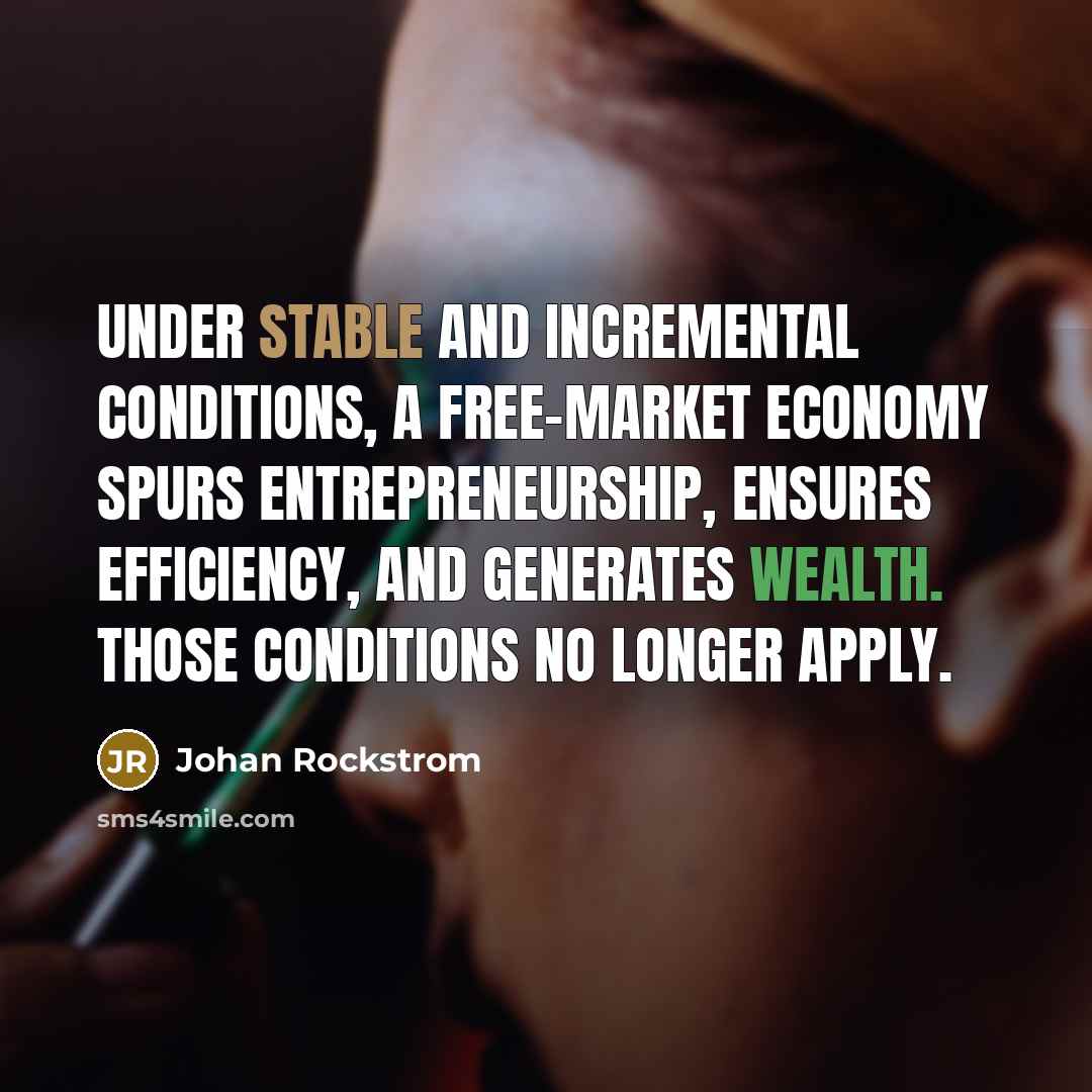 “Under stable and incremental conditions, a free-market economy spurs entrepreneurship, ensures efficiency, and generates wealth. Those conditions no longer apply.” quote by Johan Rockstrom