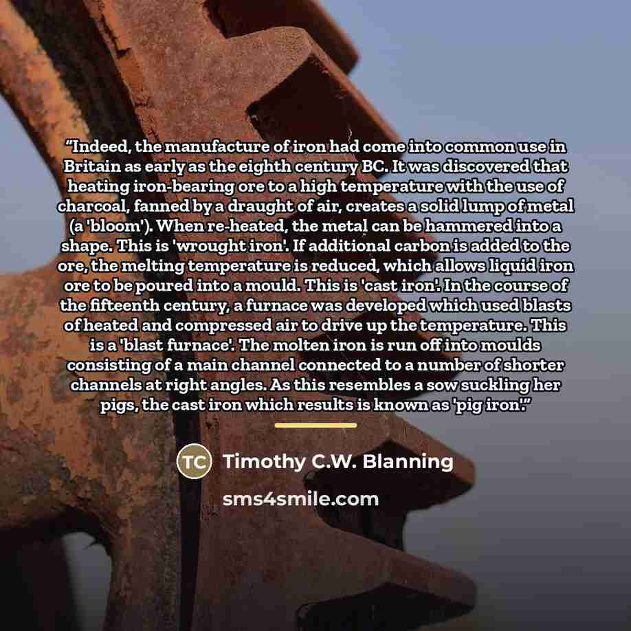 “Indeed, the manufacture of iron had come into common use in Britain as early as the eighth century BC. It was discovered that heating iron-bearing ore to a high temperature with the use of charcoal, fanned by a draught of air, creates a solid lump of metal (a 'bloom'). When re-heated, the metal…” quote by Timothy C.W. Blanning