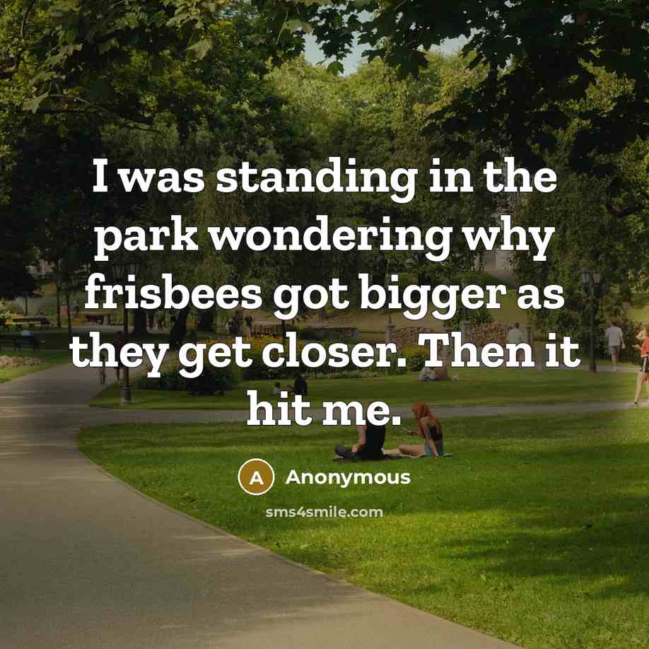 “I was standing in the park wondering why frisbees got bigger as they get closer. Then it hit me.” quote by Anonymous