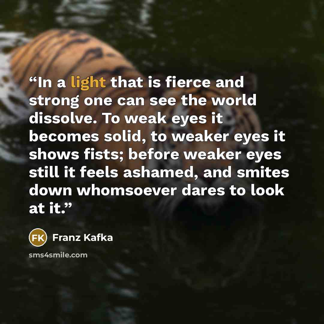 “In a light that is fierce and strong one can see the world dissolve. To weak eyes it becomes solid, to weaker eyes it shows fists; before weaker eyes still it feels ashamed, and smites down whomsoever dares to look at it.” quote by Franz Kafka