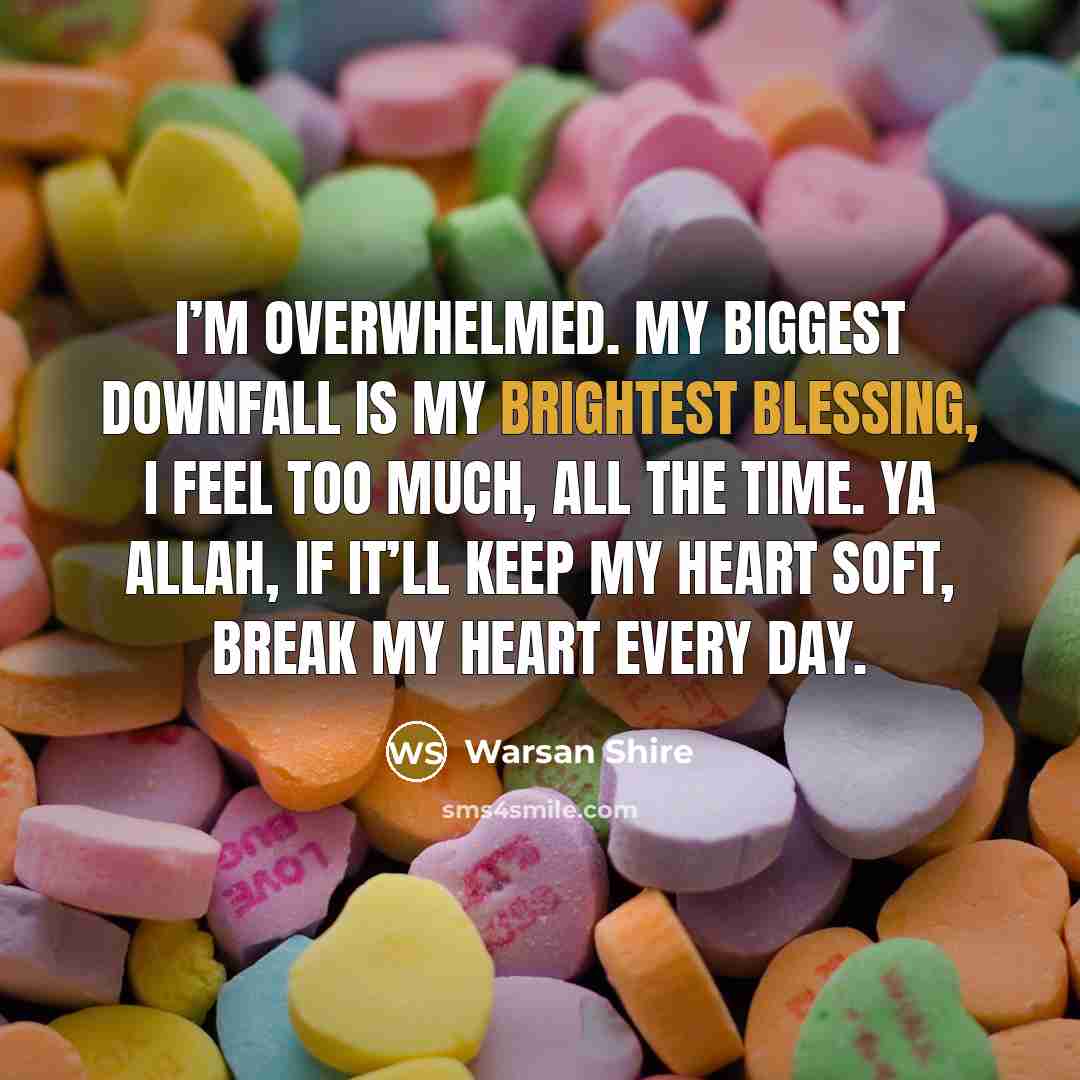 “I’m overwhelmed. My biggest downfall is my brightest blessing, I feel too much, all the time. Ya Allah, if it’ll keep my heart soft, break my heart every day.” quote by Warsan Shire