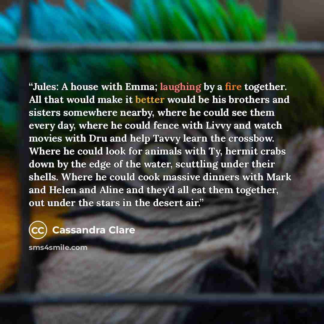 “Jules: A house with Emma; laughing by a fire together. All that would make it better would be his brothers and sisters somewhere nearby, where he could see them every day, where he could fence with Livvy and watch movies with Dru and help Tavvy learn the crossbow. Where he could look for animals…” quote by Cassandra Clare