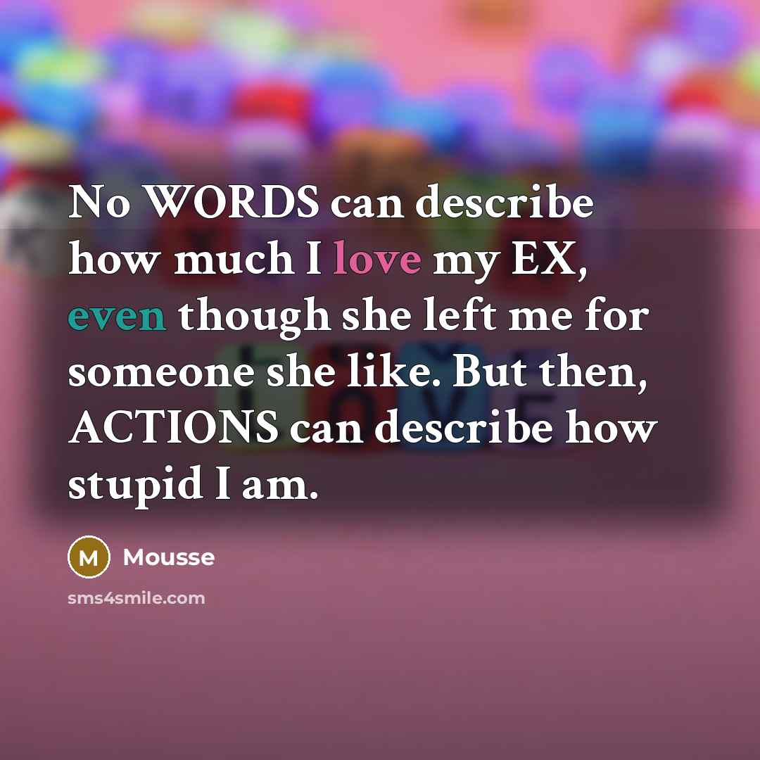 “No WORDS can describe how much I love my EX, even though she left me for someone she like. But then, ACTIONS can describe how stupid I am.” quote by Mousse