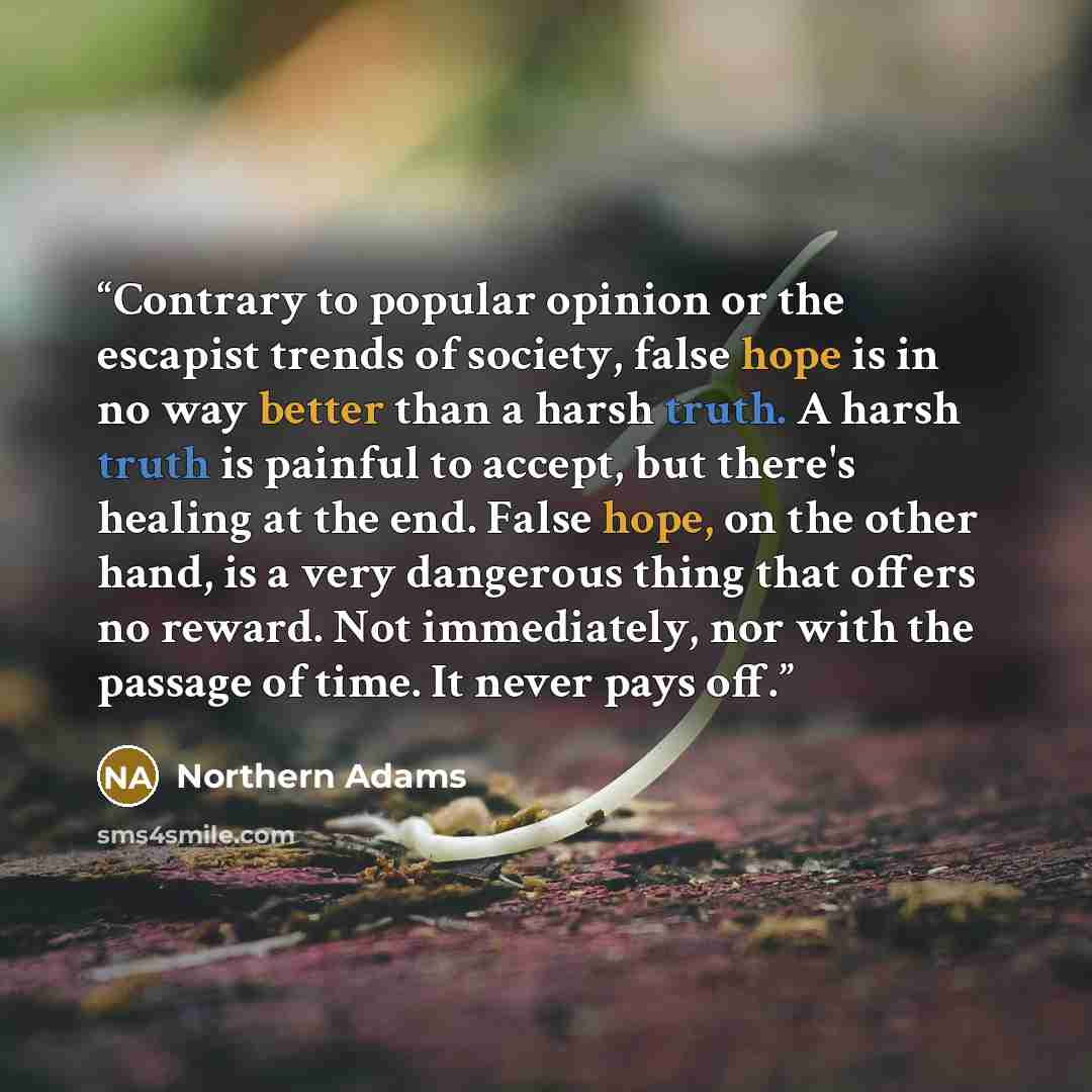 “Contrary to popular opinion or the escapist trends of society, false hope is in no way better than a harsh truth. A harsh truth is painful to accept, but there's healing at the end. False hope, on the other hand, is a very dangerous thing that offers no reward. Not immediately, nor with the…” quote by Northern Adams