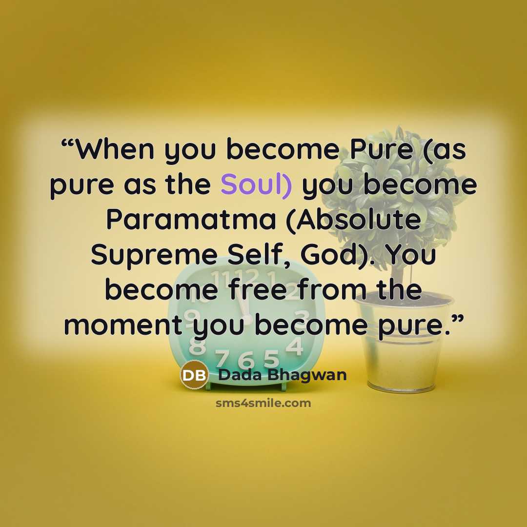 “When you become Pure (as pure as the Soul) you become Paramatma (Absolute Supreme Self, God). You become free from the moment you become pure.” quote by Dada Bhagwan