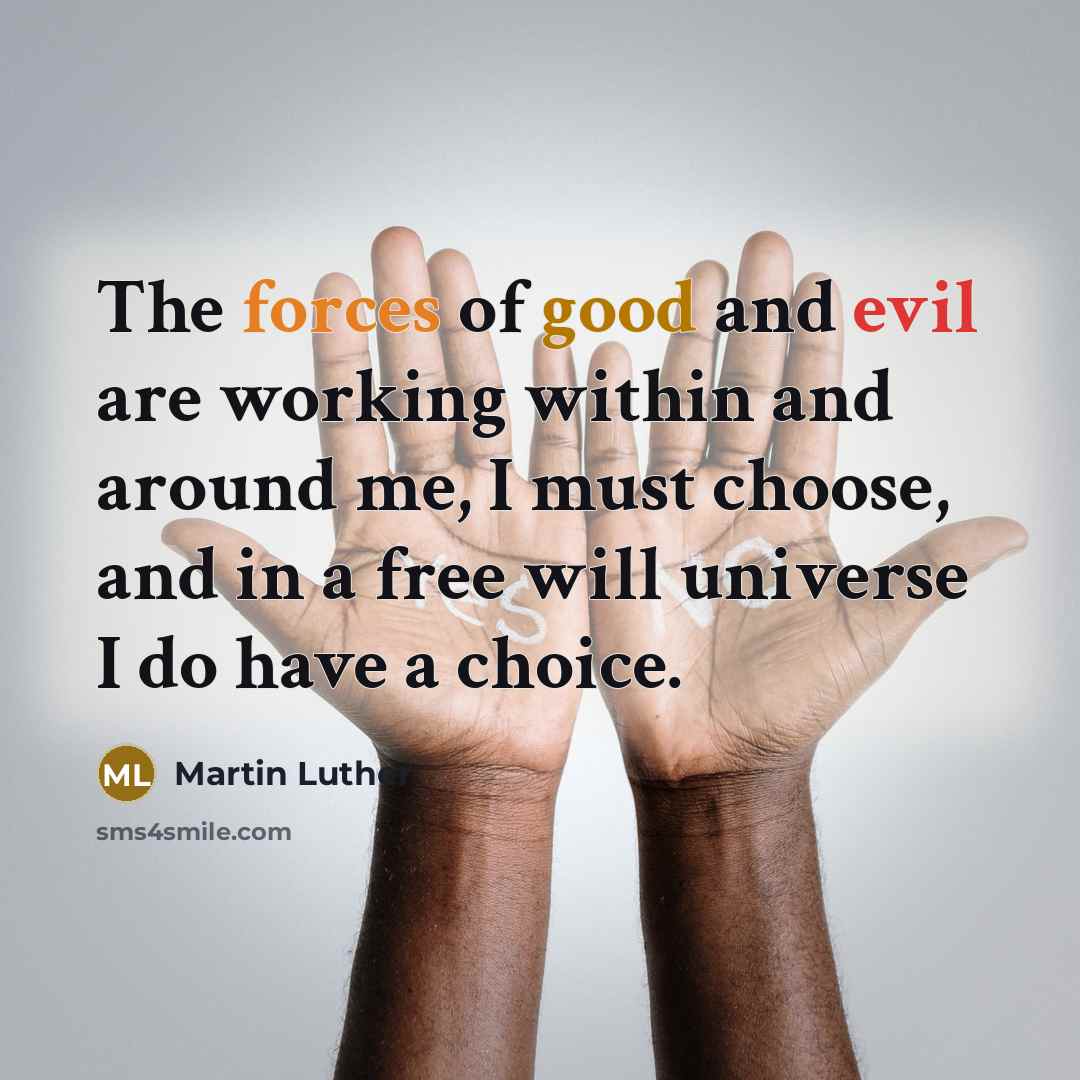 “The forces of good and evil are working within and around me, I must choose, and in a free will universe I do have a choice.” quote by Martin Luther