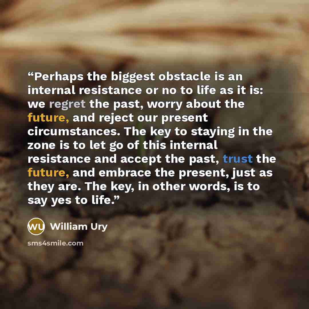 “Perhaps the biggest obstacle is an internal resistance or no to life as it is: we regret the past, worry about the future, and reject our present circumstances. The key to staying in the zone is to let go of this internal resistance and accept the past, trust the future, and embrace the present…” quote by William Ury