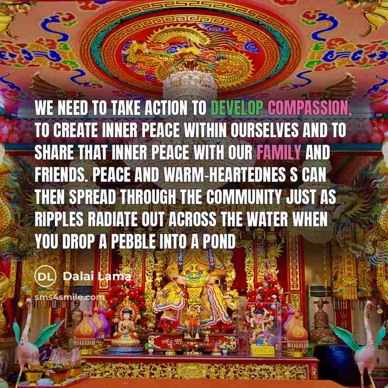 “We need to take action to develop compassion, to create inner peace within ourselves and to share that inner peace with our family and friends. Peace and warm-heartednes s can then spread through the community just as ripples radiate out across the water when you drop a pebble into a pond” quote by Dalai Lama