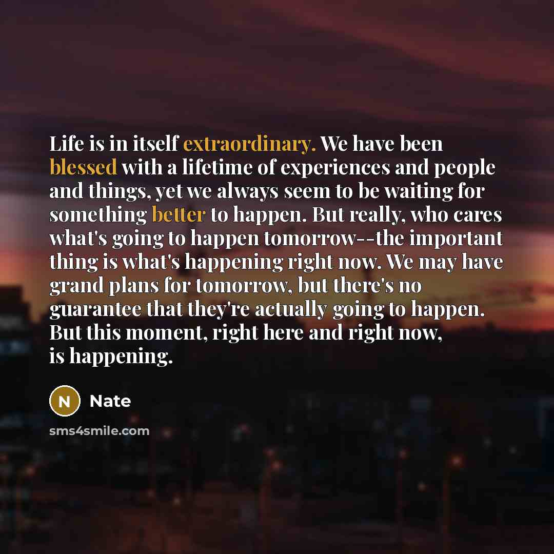 “Life is in itself extraordinary. We have been blessed with a lifetime of experiences and people and things, yet we always seem to be waiting for something better to happen. But really, who cares what's going to happen tomorrow--the important thing is what's happening right now. We may have grand…” quote by Nate