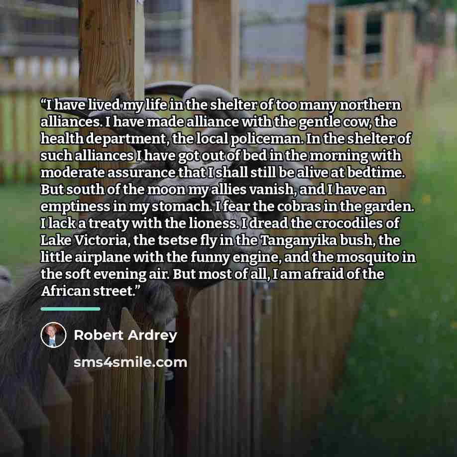 “I have lived my life in the shelter of too many northern alliances. I have made alliance with the gentle cow, the health department, the local policeman. In the shelter of such alliances I have got out of bed in the morning with moderate assurance that I shall still be alive at bedtime. But south…” quote by Robert Ardrey