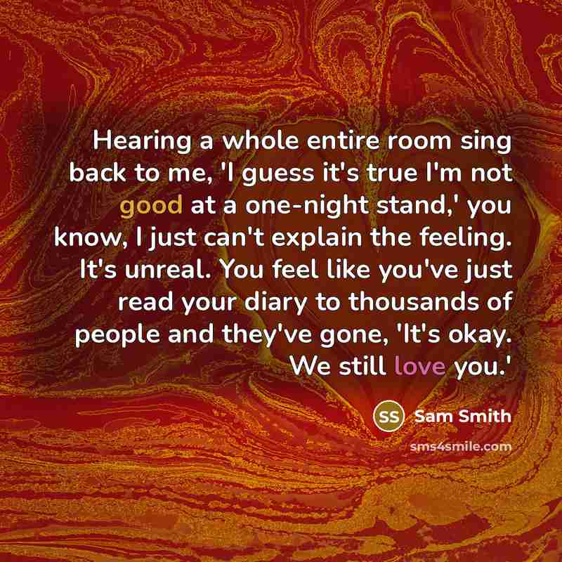 “Hearing a whole entire room sing back to me, 'I guess it's true I'm not good at a one-night stand,' you know, I just can't explain the feeling. It's unreal. You feel like you've just read your diary to thousands of people and they've gone, 'It's okay. We still love you.'” quote by Sam Smith