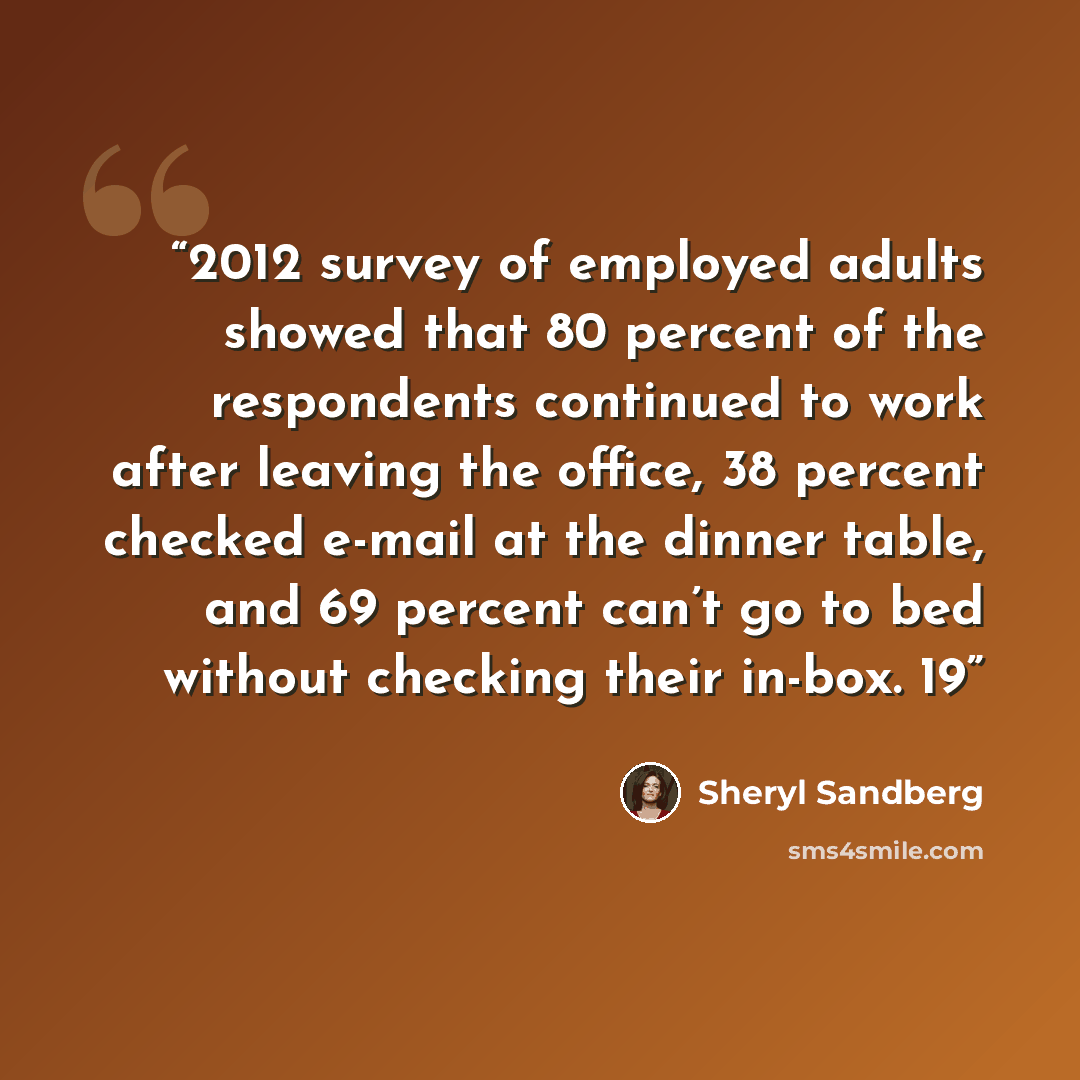 “2012 survey of employed adults showed that 80 percent of the respondents continued to work after leaving the office, 38 percent checked e-mail at the dinner table, and 69 percent can’t go to bed without checking their in-box. 19” quote by Sheryl Sandberg