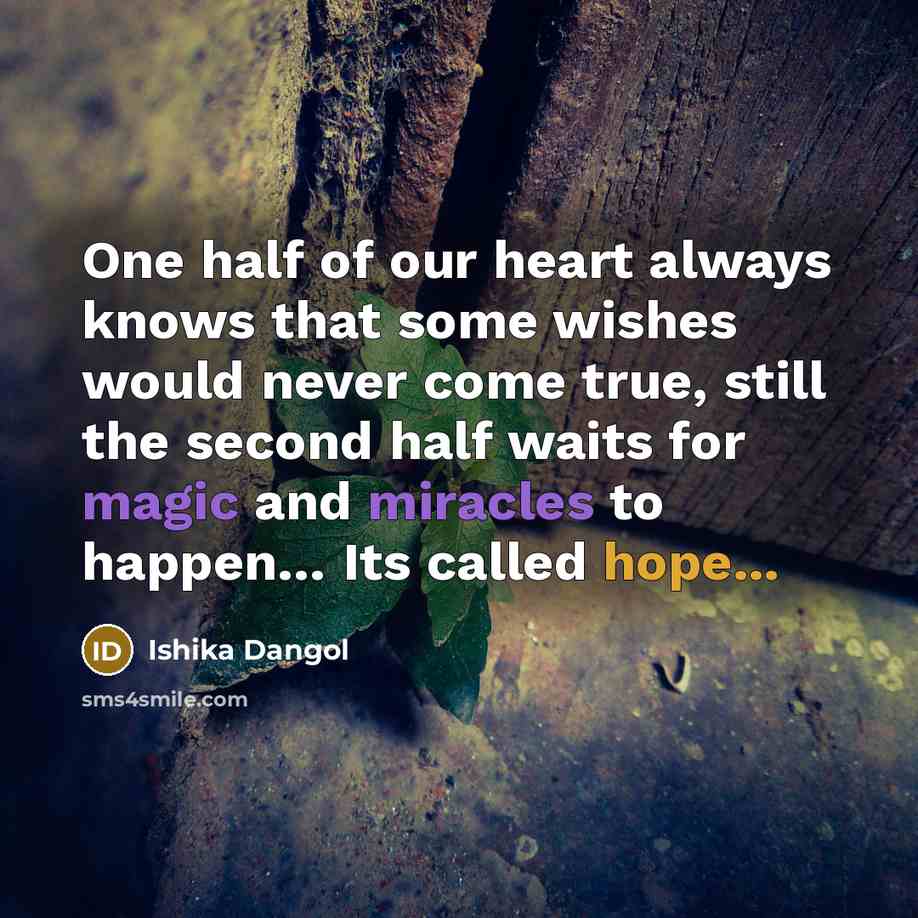 “One half of our heart always knows that some wishes would never come true, still the second half waits for magic and miracles to happen… Its called hope...” quote by Ishika Dangol