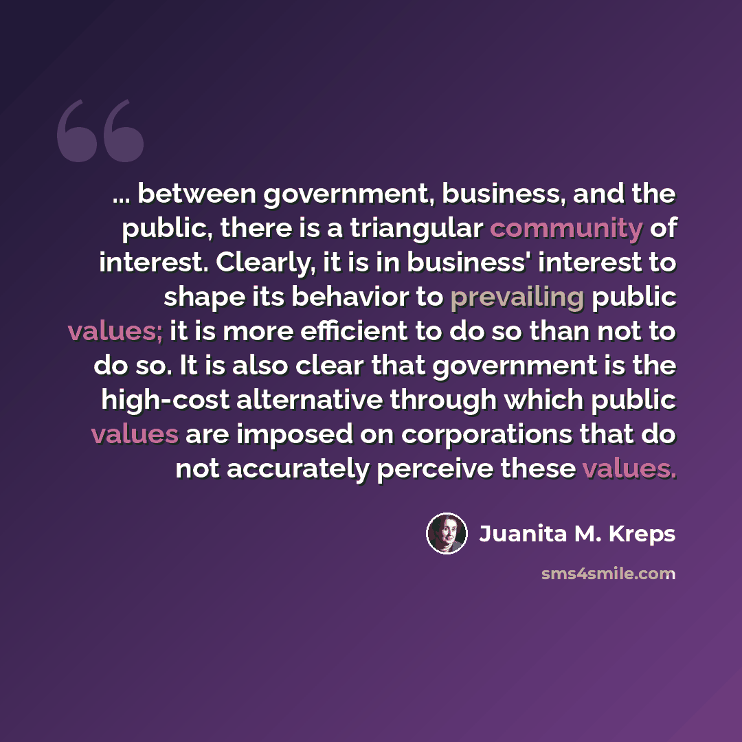 “... between government, business, and the public, there is a triangular community of interest. Clearly, it is in business' interest to shape its behavior to prevailing public values; it is more efficient to do so than not to do so. It is also clear that government is the high-cost alternative…” quote by Juanita M. Kreps