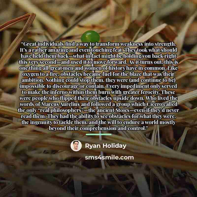 “Great individuals find a way to transform weakness into strength. It’s a rather amazing and even touching feat. They took what should have held them back—what in fact might be holding you back right this very second—and used it to move forward. As it turns out, this is one thing all great men and…” quote by Ryan Holiday
