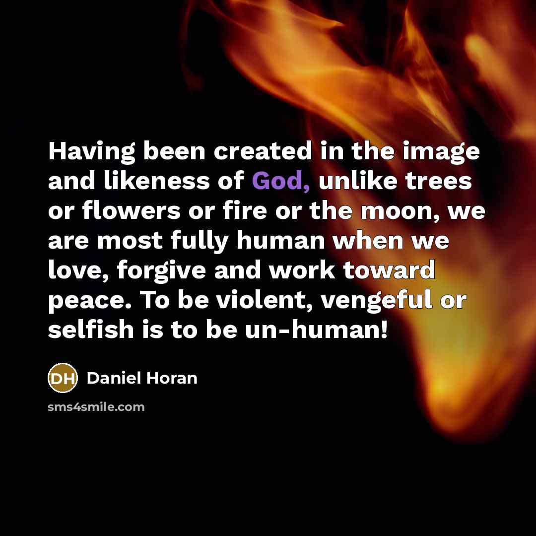 “Having been created in the image and likeness of God, unlike trees or flowers or fire or the moon, we are most fully human when we love, forgive and work toward peace. To be violent, vengeful or selfish is to be un-human!” quote by Daniel Horan