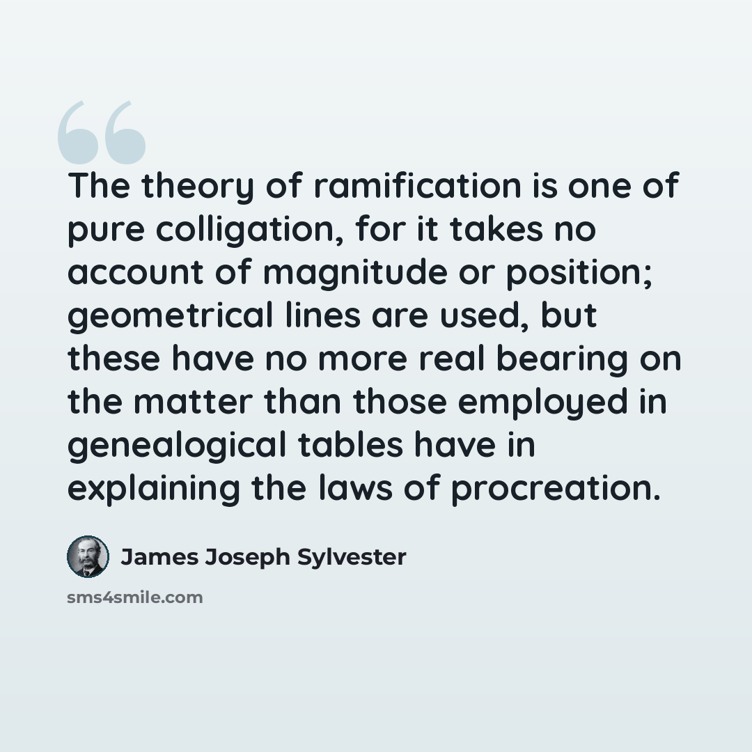 “The theory of ramification is one of pure colligation, for it takes no account of magnitude or position; geometrical lines are used, but these have no more real bearing on the matter than those employed in genealogical tables have in explaining the laws of procreation.” quote by James Joseph Sylvester