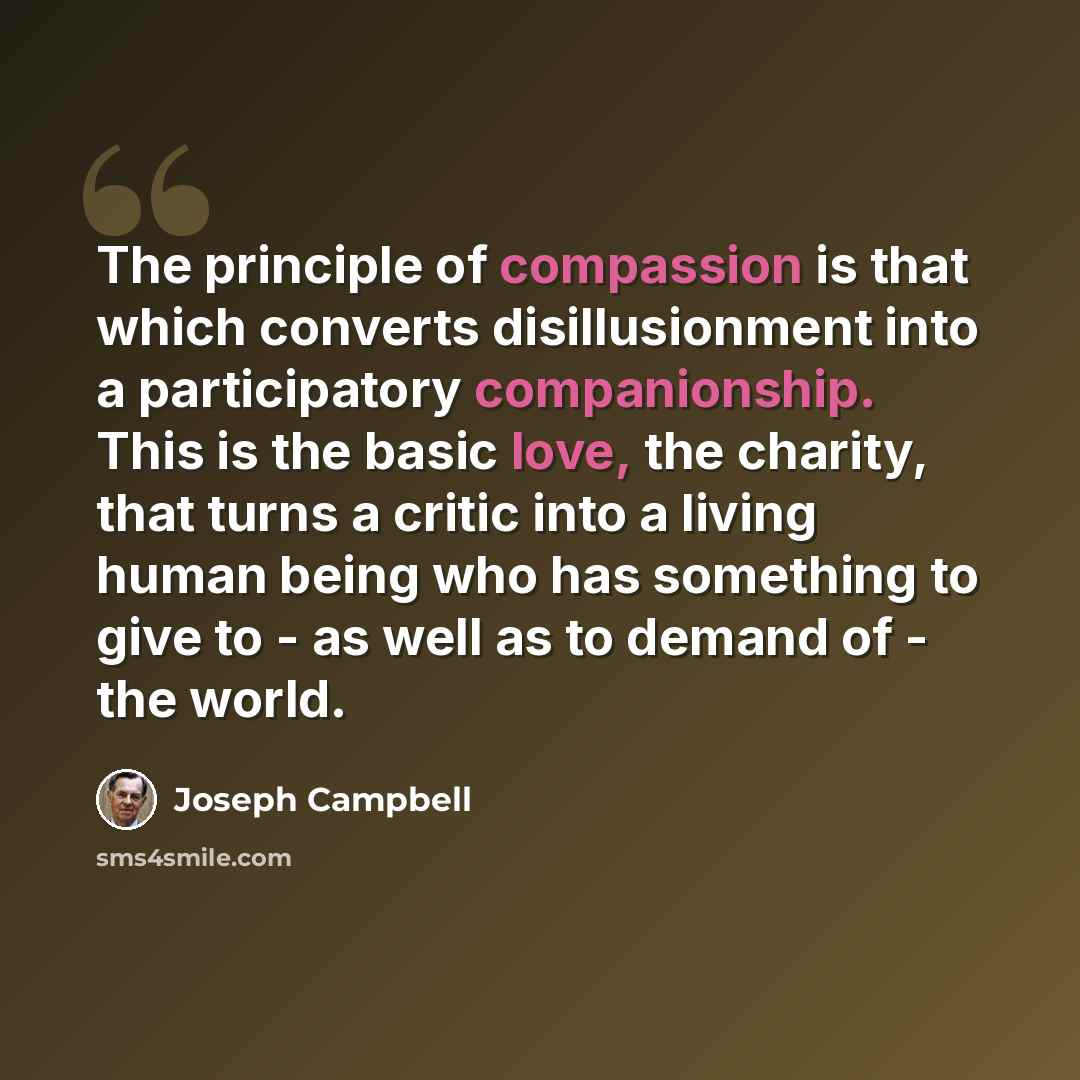 “The principle of compassion is that which converts disillusionment into a participatory companionship. This is the basic love, the charity, that turns a critic into a living human being who has something to give to - as well as to demand of - the world.” quote by Joseph Campbell