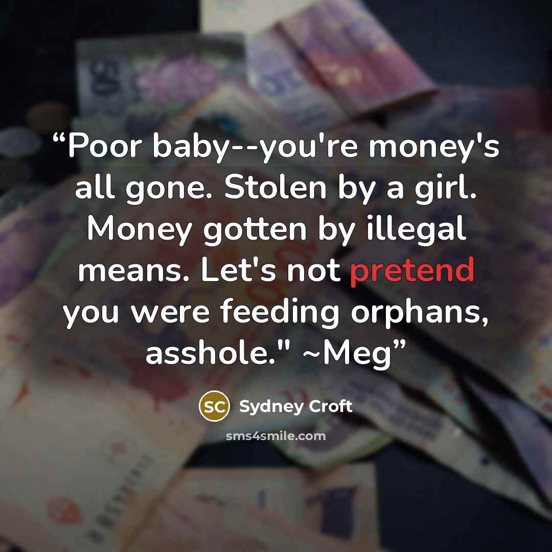 “Poor baby--you're money's all gone. Stolen by a girl. Money gotten by illegal means. Let's not pretend you were feeding orphans, asshole." ~Meg” quote by Sydney Croft