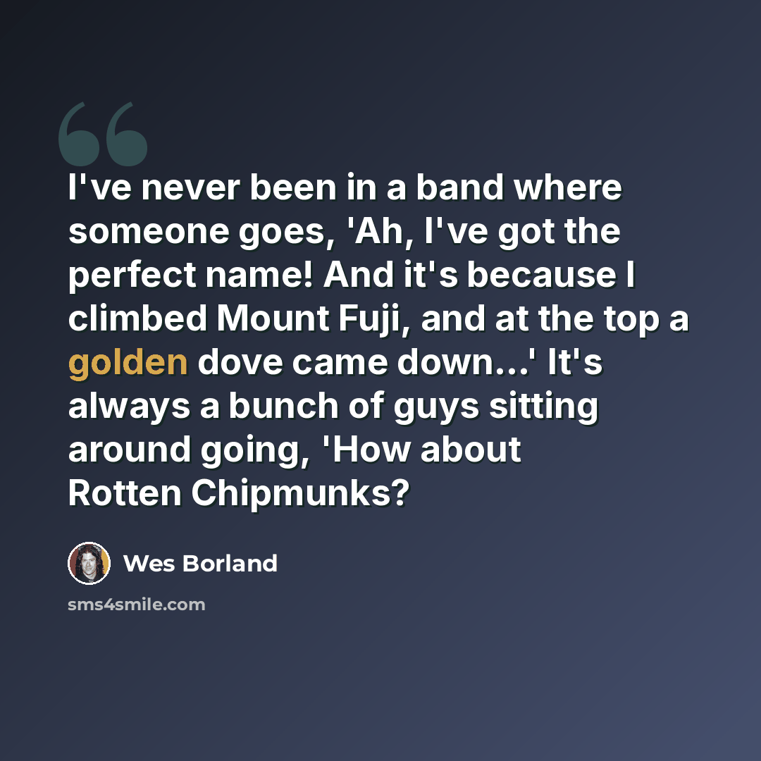 “I've never been in a band where someone goes, 'Ah, I've got the perfect name! And it's because I climbed Mount Fuji, and at the top a golden dove came down...' It's always a bunch of guys sitting around going, 'How about Rotten Chipmunks?” quote by Wes Borland