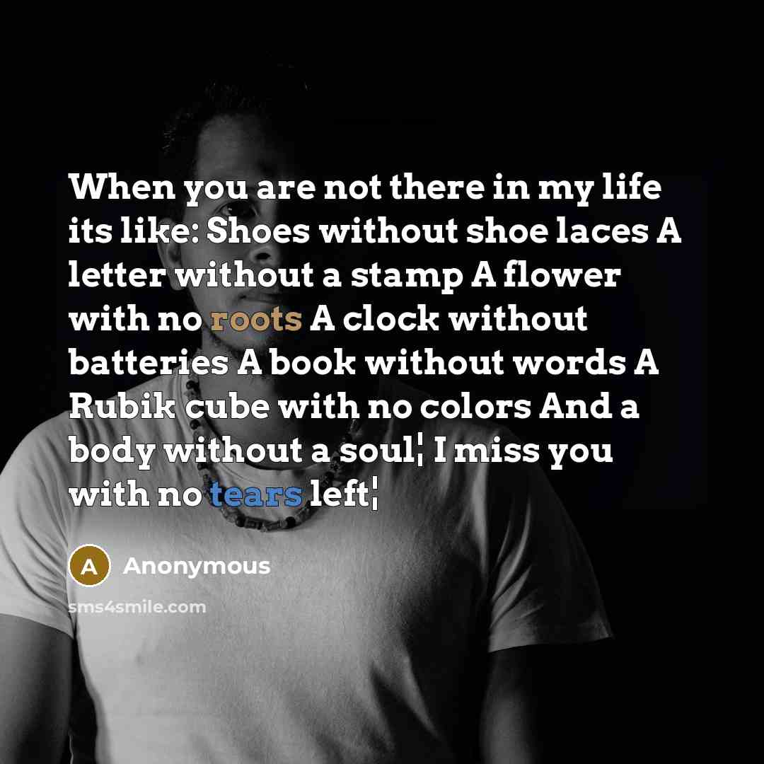 “When you are not there in my life its like: Shoes without shoe laces A letter without a stamp A flower with no roots A clock without batteries A book without words A Rubik cube with no colors And a body without a soul¦ I miss you with no tears left¦” quote by Anonymous