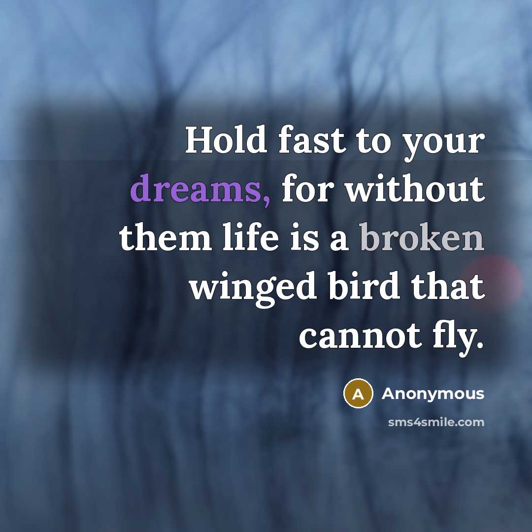 “Hold fast to your dreams, for without them life is a broken winged bird that cannot fly.” quote by Anonymous