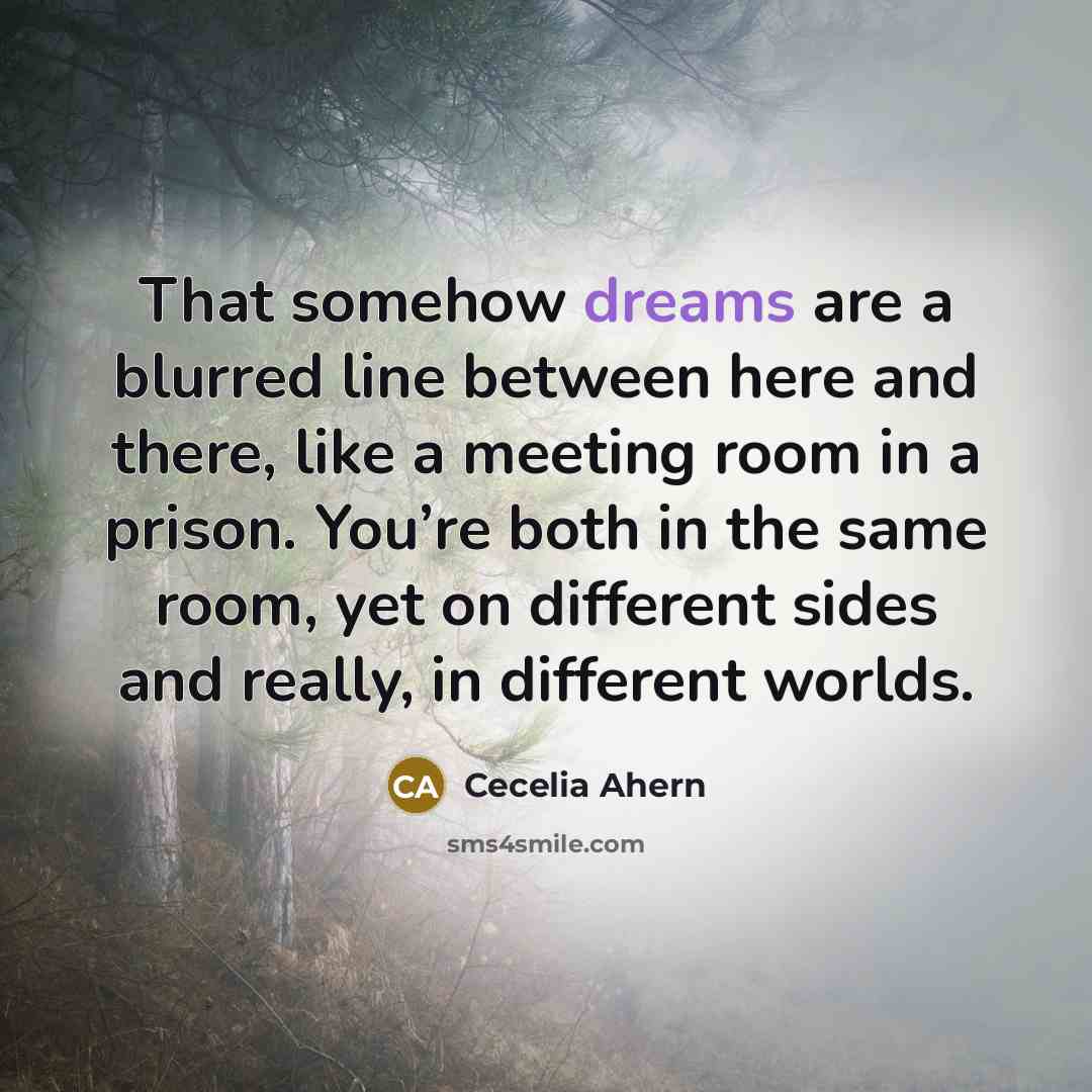 “That somehow dreams are a blurred line between here and there, like a meeting room in a prison. You’re both in the same room, yet on different sides and really, in different worlds.” quote by Cecelia Ahern