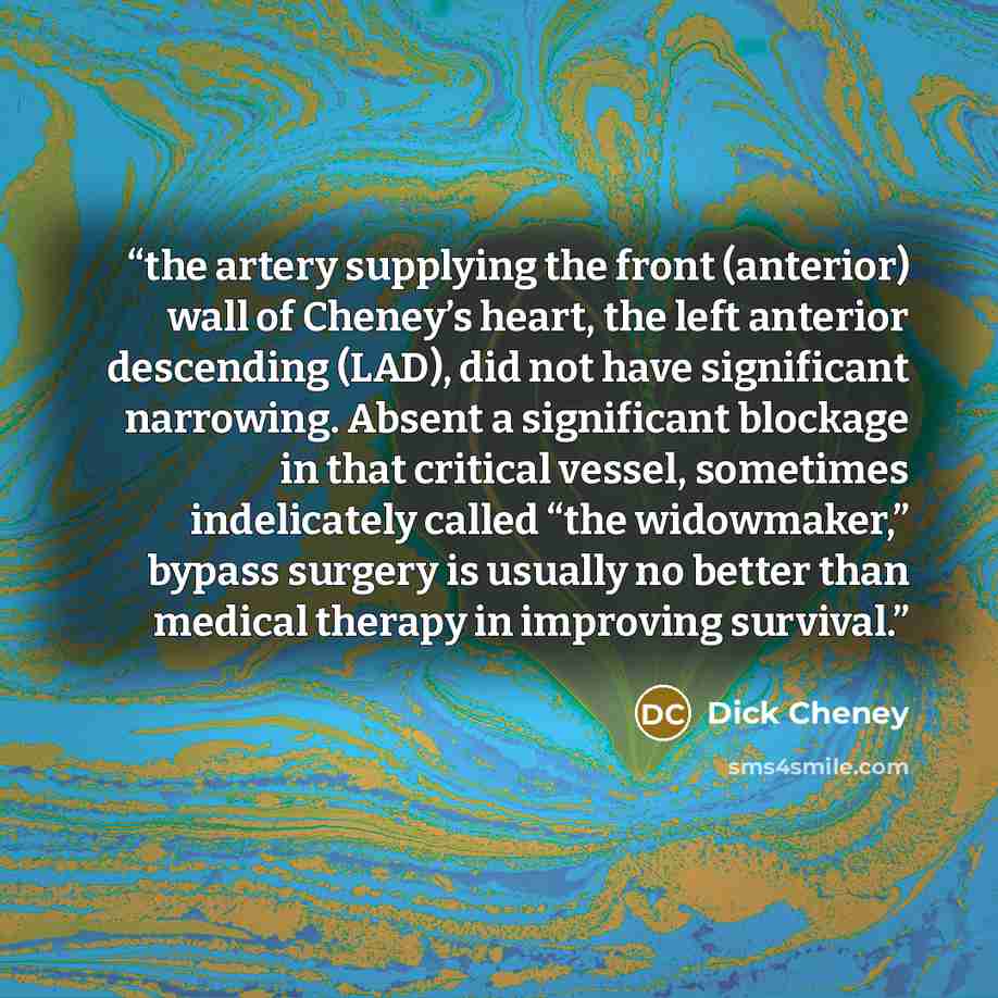 “the artery supplying the front (anterior) wall of Cheney’s heart, the left anterior descending (LAD), did not have significant narrowing. Absent a significant blockage in that critical vessel, sometimes indelicately called “the widowmaker,” bypass surgery is usually no better than medical therapy…” quote by Dick Cheney